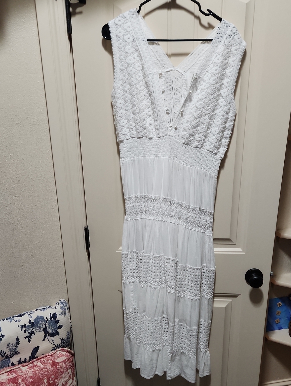 Bohemian White Crochet Maxi Dress with V-Neck